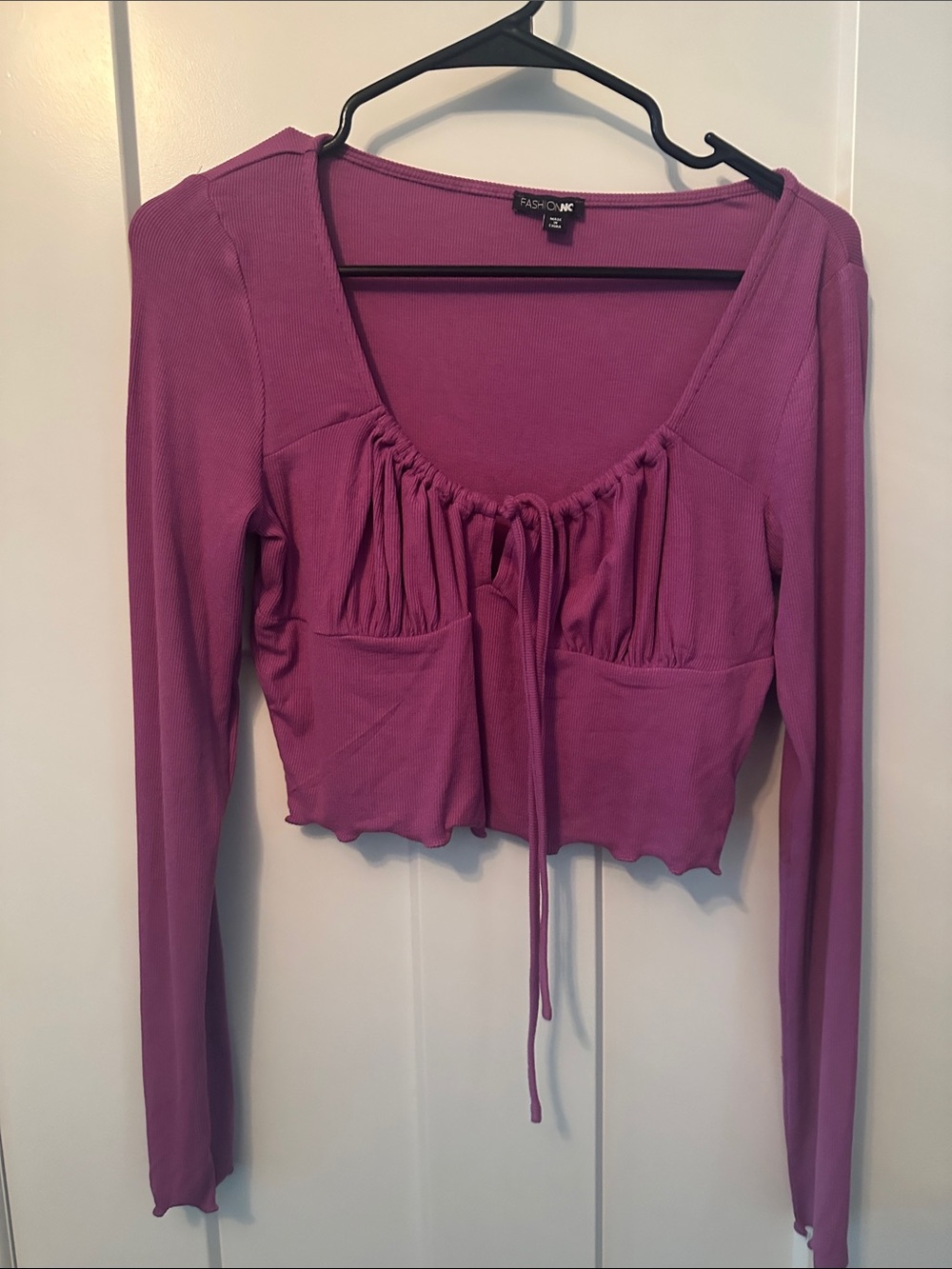 Fashion Nova Magenta Long Sleeve Ruched Tie-Front Crop Top